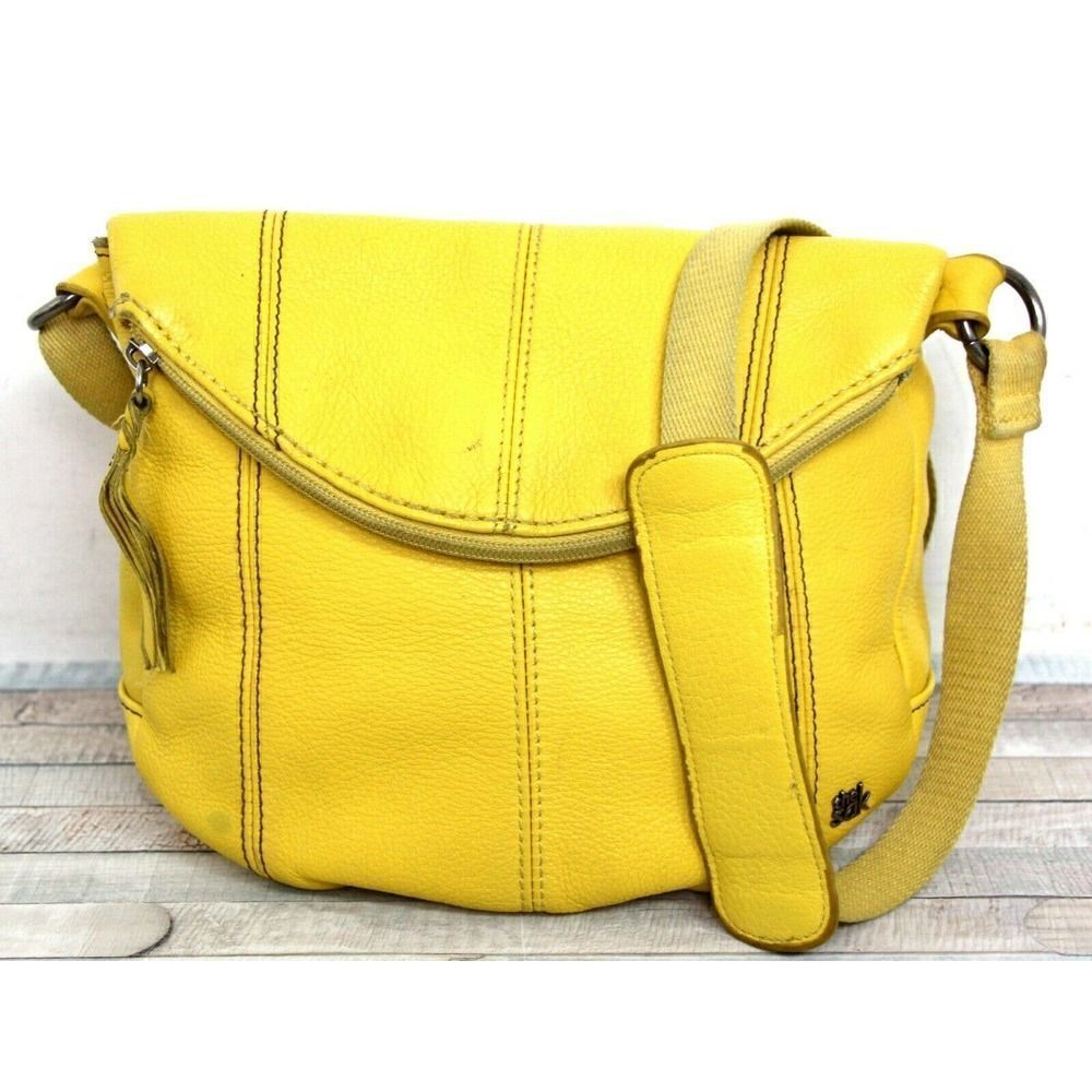 The Sak STITCHED YELLOW GENUINE LEATHER MEDIUM ZIP FLAP SHOULDER BAG CROSSBODY